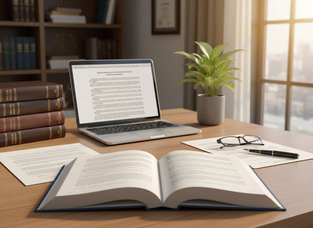 A professional law office desk scene with warm natural light from a window. On the desk: a laptop open showing a document, a flat open book lying face-down on the desk with its pages spread flat and visible (like a regular open book lying flat, not fanned up in the air), a small green plant in a pot, a stack of law books with a dark brown leather cover on the left side, and legal documents/papers on the desk. The book in the center should be clearly flat and open, showing two readable pages lying horizontally on the desk surface. Warm, professional atmosphere. Photorealistic style.